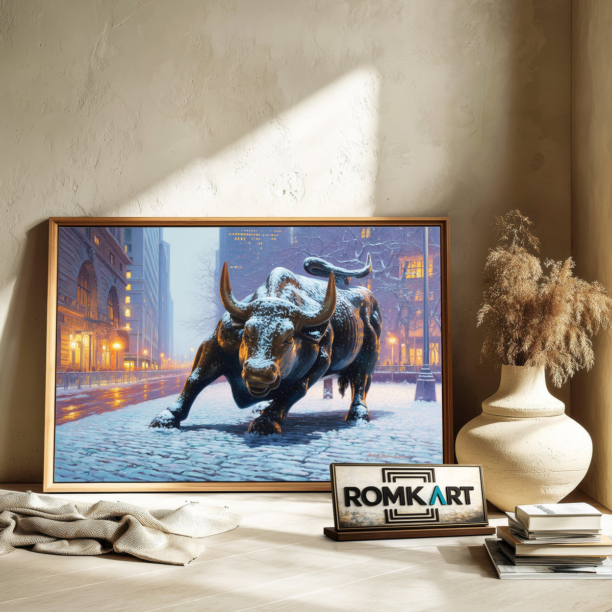 Charging Bull Fresh Snow Cityscape Oil Painting - image 6