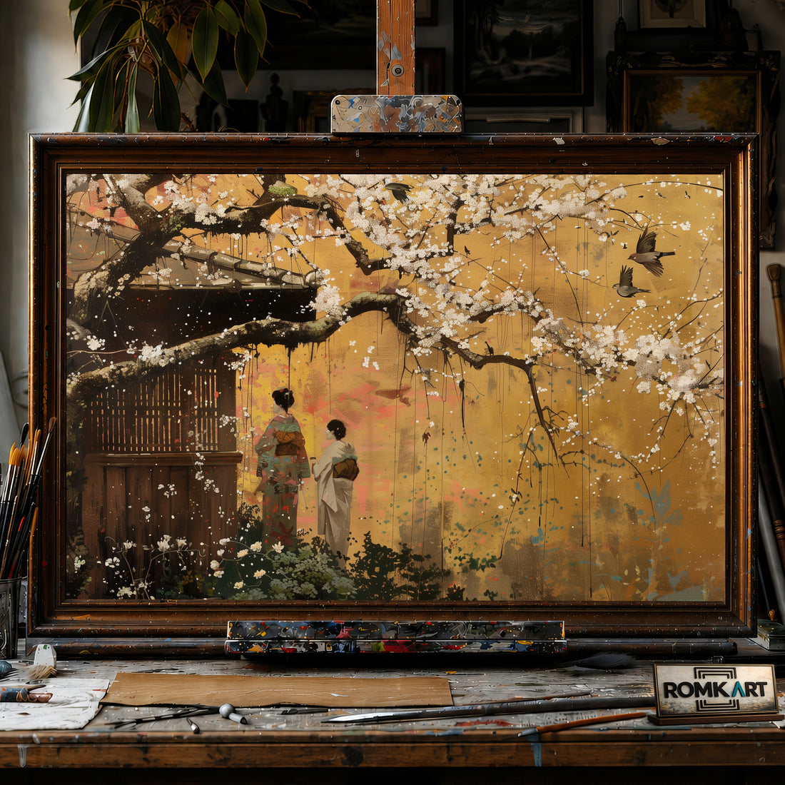 Cherry Blossoms and Traditional Japanese Art hand-painted oil painting on canvas