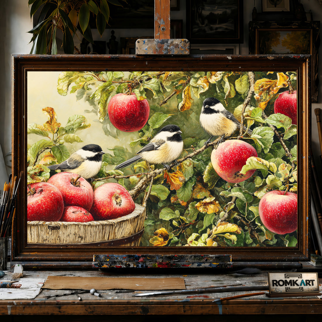 Chickadees and Apple Tree hand-painted oil painting on canvas