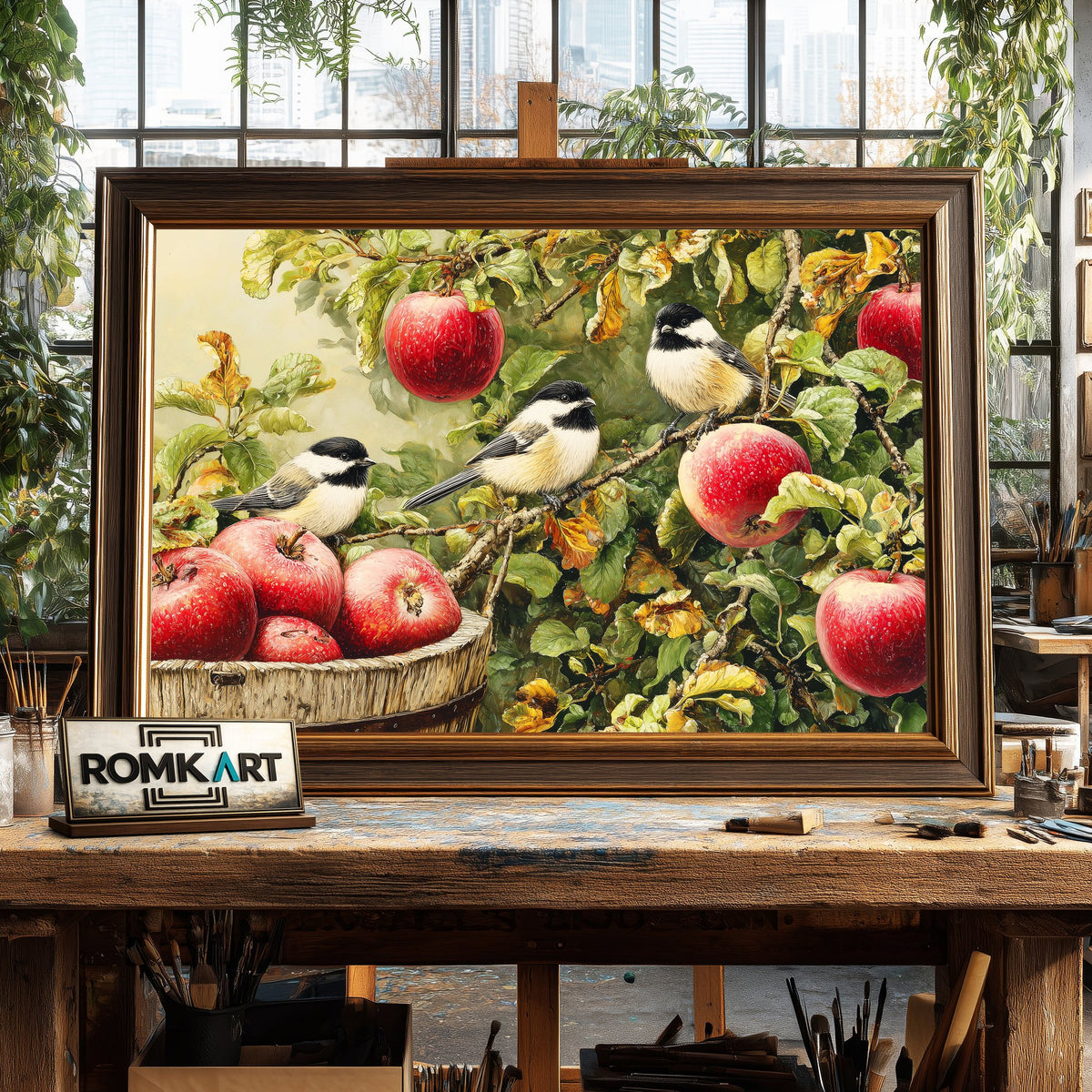 Chickadees and Apple Tree Forest Landscape Oil Painting - image 2