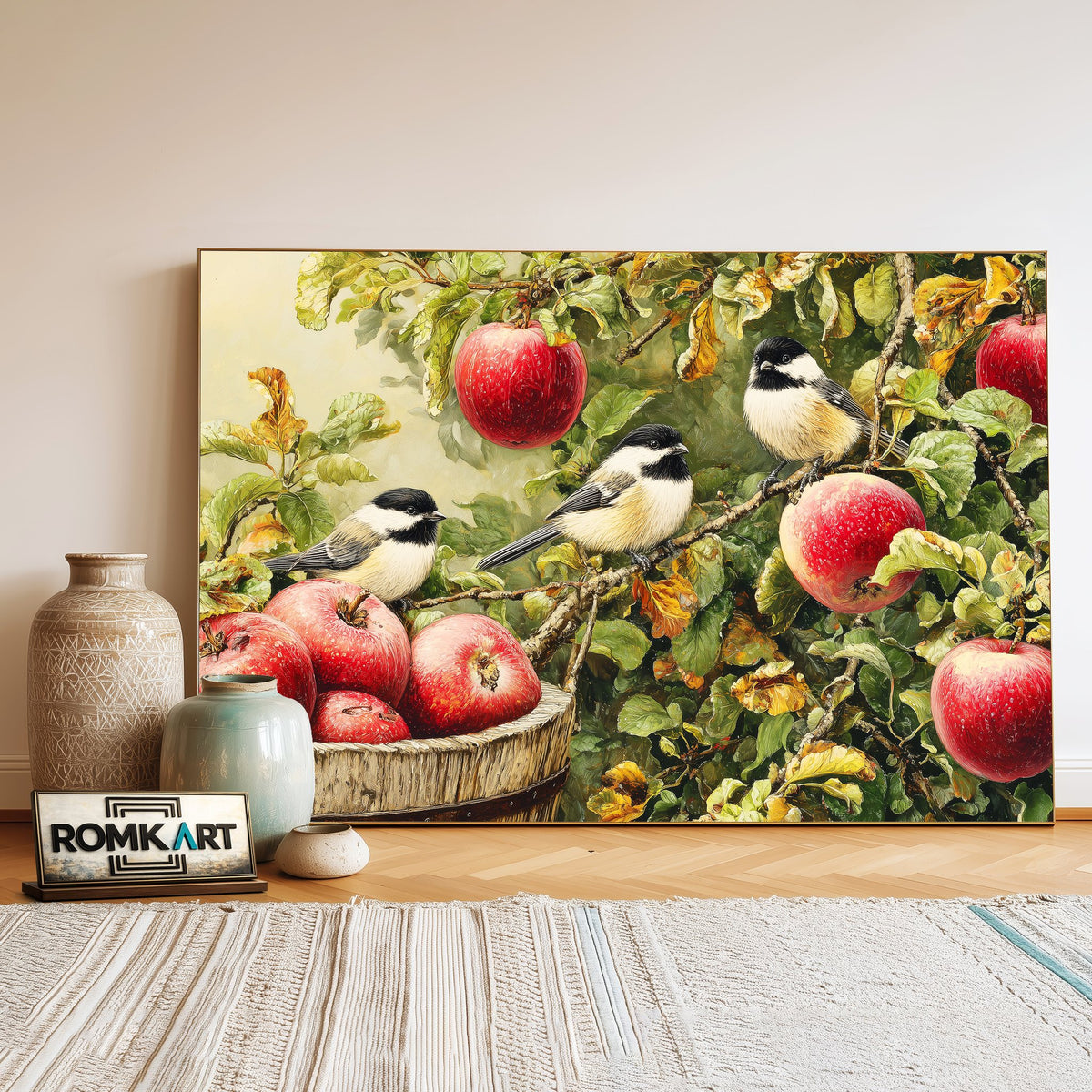 Chickadees and Apple Tree Forest Landscape Oil Painting - image 3