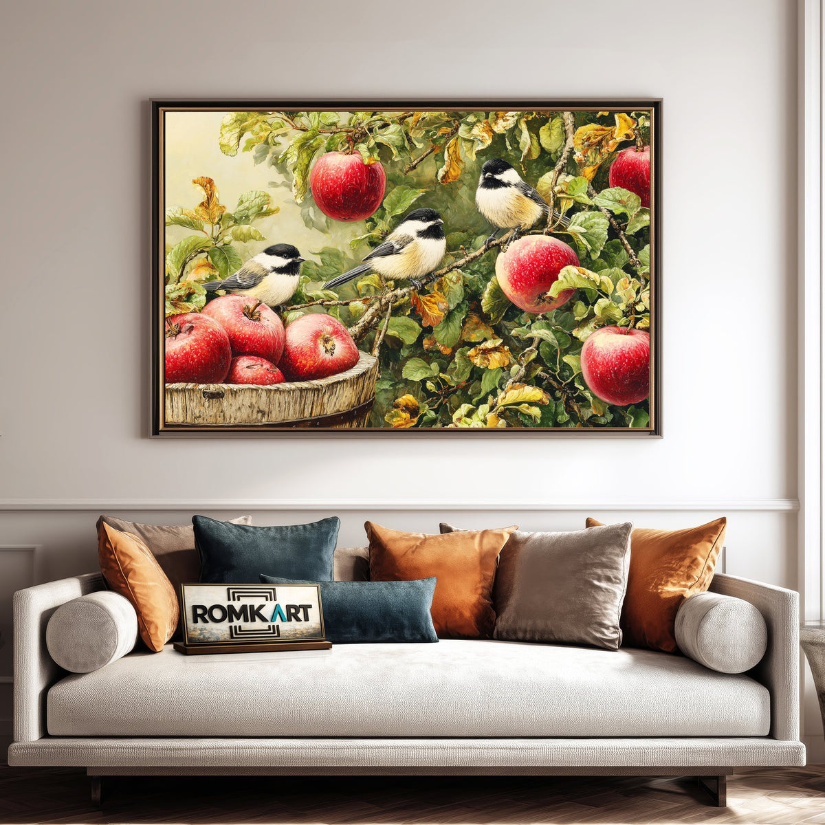 Chickadees and Apple Tree Forest Landscape Oil Painting - image 4