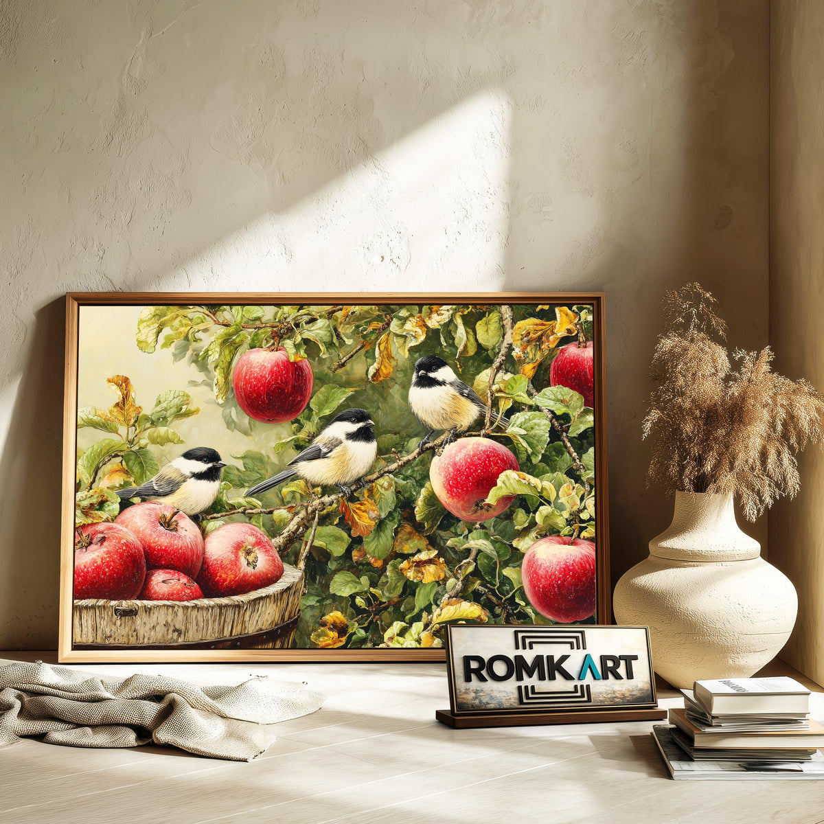 Chickadees and Apple Tree Forest Landscape Oil Painting - image 6