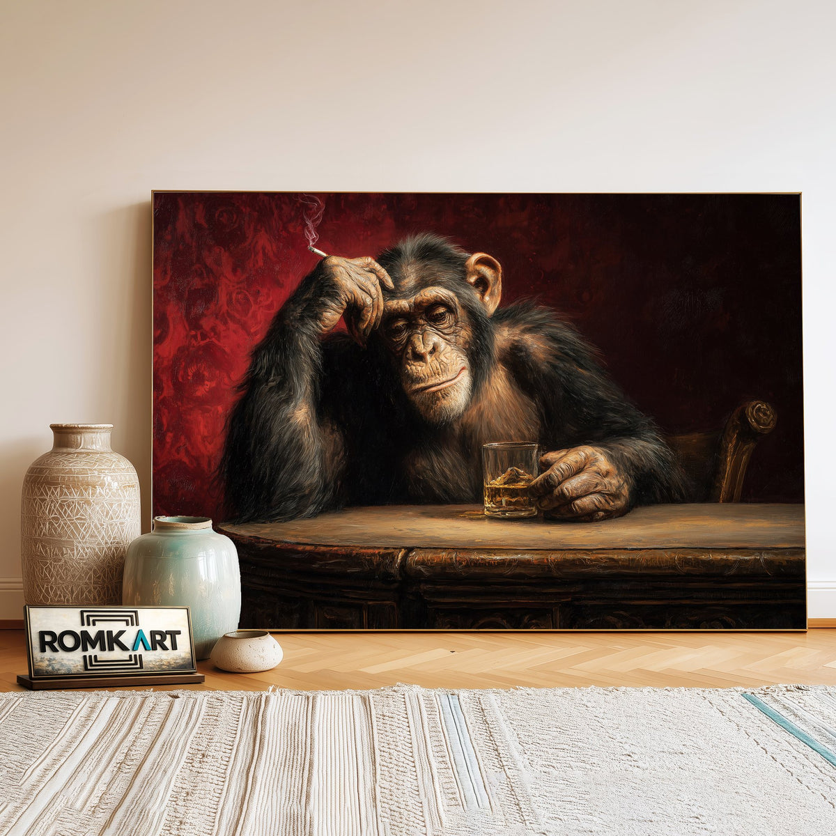 Chimpanzee Wine and Smoke Food Still Life Oil Painting - image 3