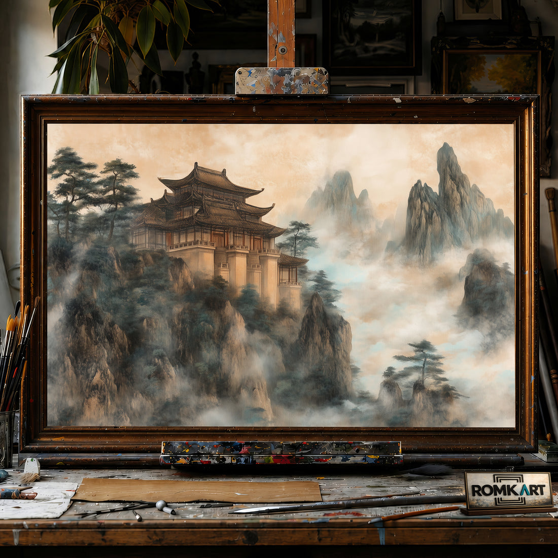 Chinese Castle on Mountain hand-painted oil painting on canvas