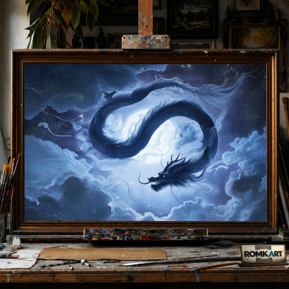 Chinese Dragon in Full Moon hand-painted oil painting on canvas