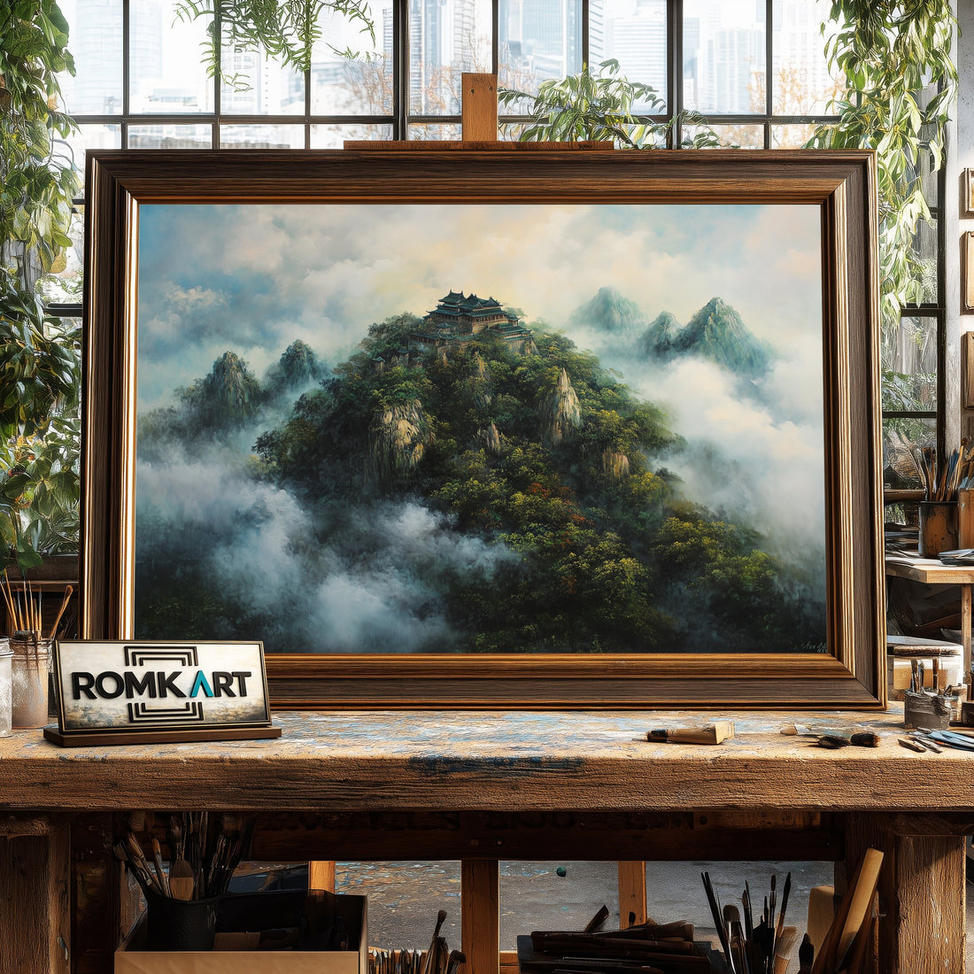 Chinese Palace on Mountain hand-painted oil painting on canvas