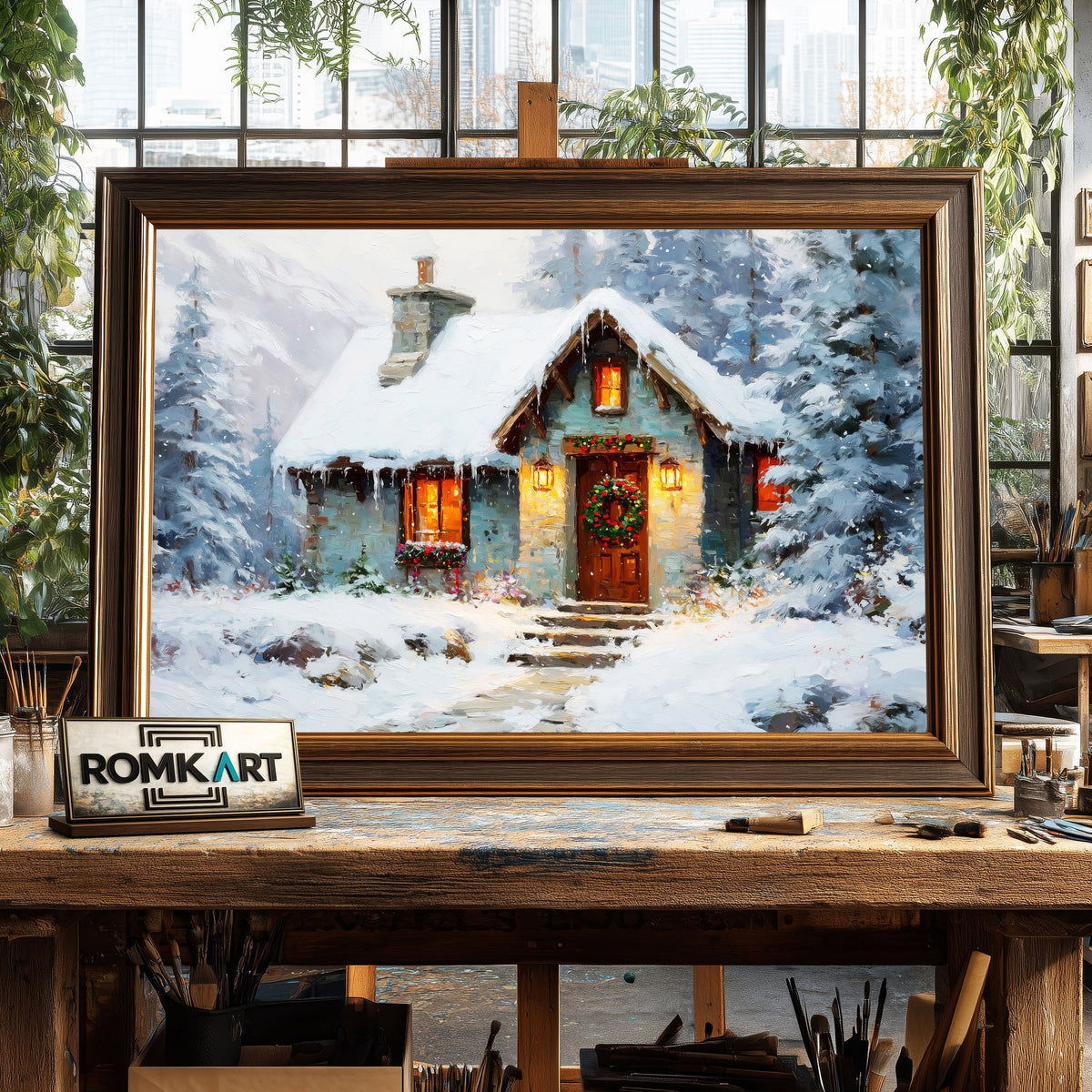 Christmas Winter Cabin Countryside Oil Painting - image 2
