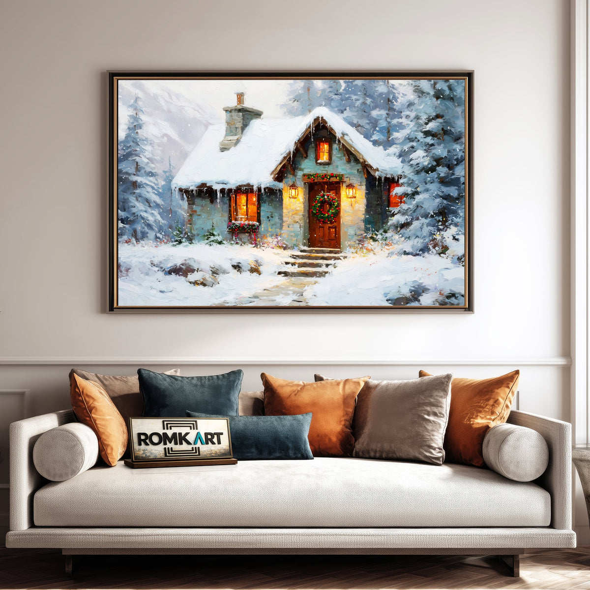 Christmas Winter Cabin Countryside Oil Painting - image 4