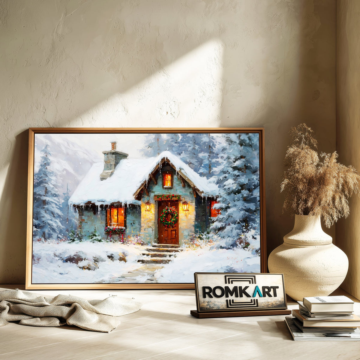 Christmas Winter Cabin Countryside Oil Painting - image 6