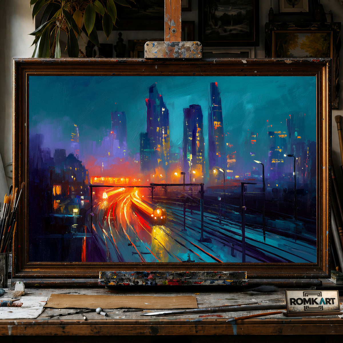 City Skyline at Night hand-painted oil painting on canvas