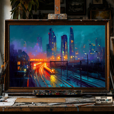 City Skyline at Night hand-painted oil painting on canvas