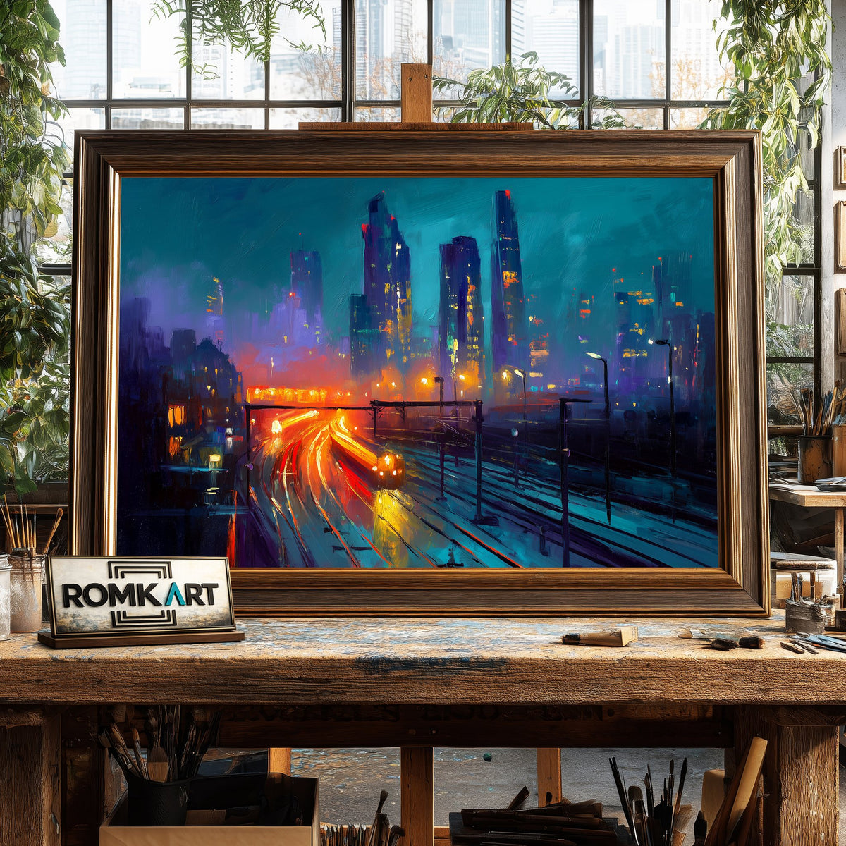 City Skyline at Night Cityscape Oil Painting - image 2