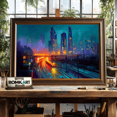 City Skyline at Night Cityscape Oil Painting - image 2