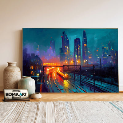 City Skyline at Night Cityscape Oil Painting - image 3