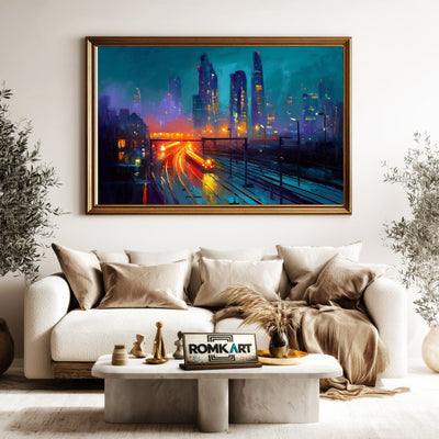 City Skyline at Night Cityscape Oil Painting - image 5