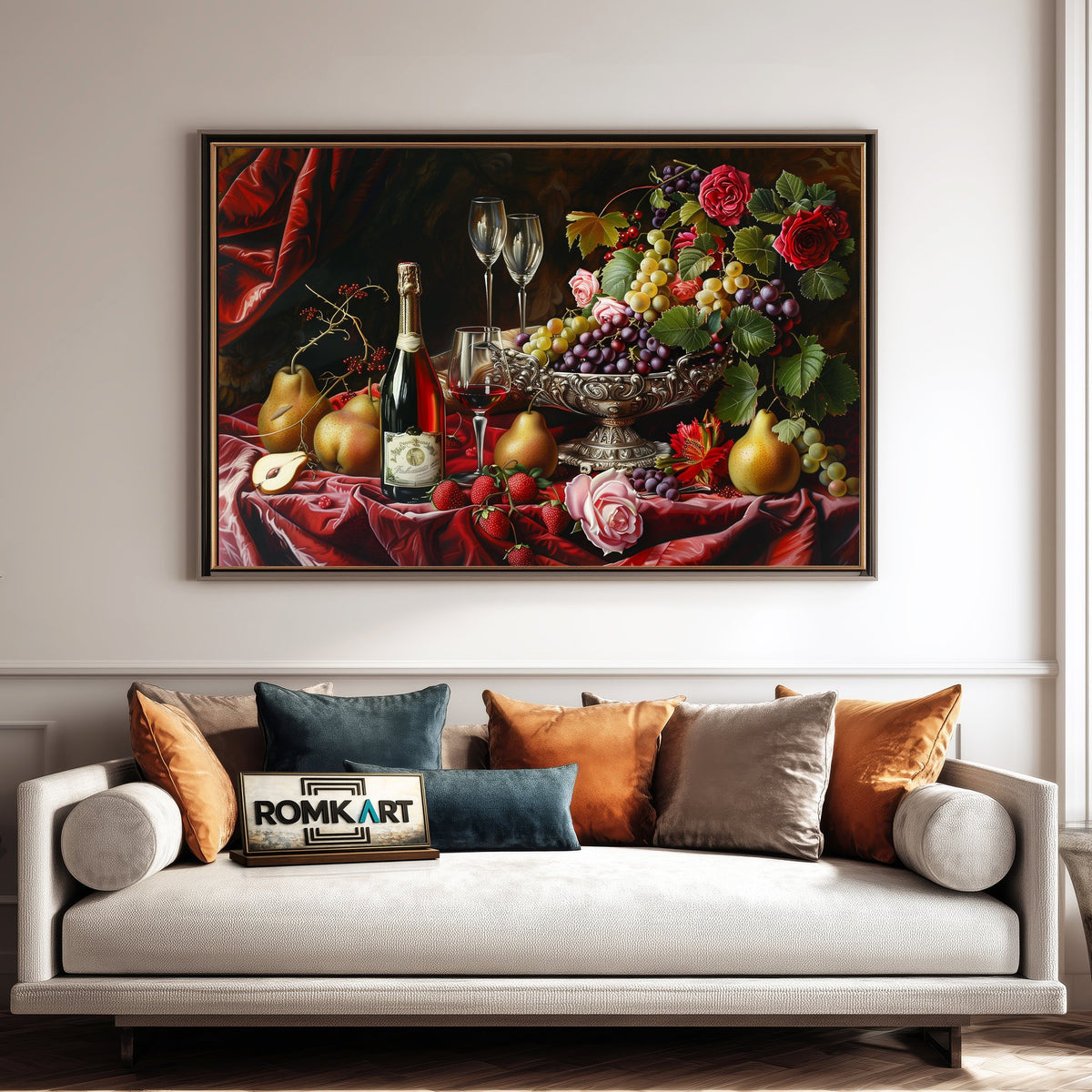 Classic Wine and Fruit Food Still Life Oil Painting - image 4