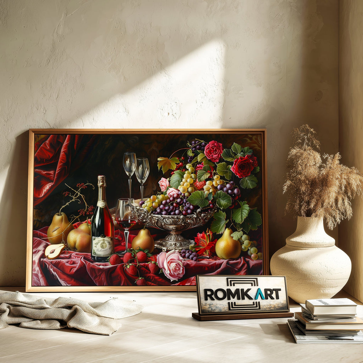 Classic Wine and Fruit Food Still Life Oil Painting - image 6
