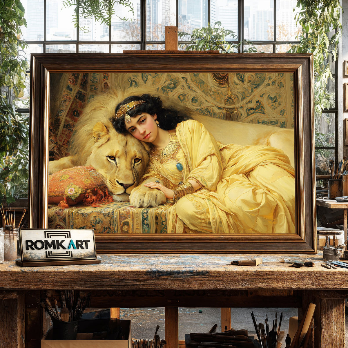 Cleopatra and Majestic Lion Historical Oil Painting - image 2