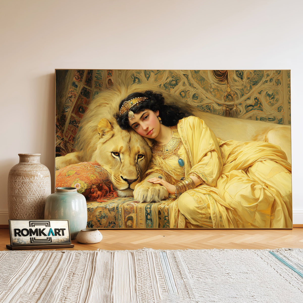 Cleopatra and Majestic Lion Historical Oil Painting - image 3