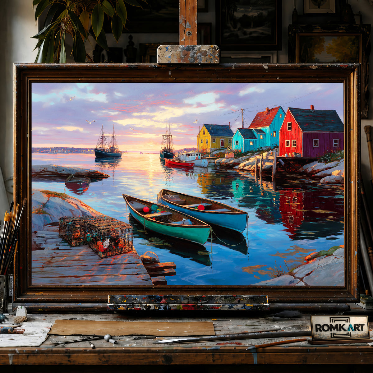 Coastal Fishing Village at Sunset Sports Oil Painting