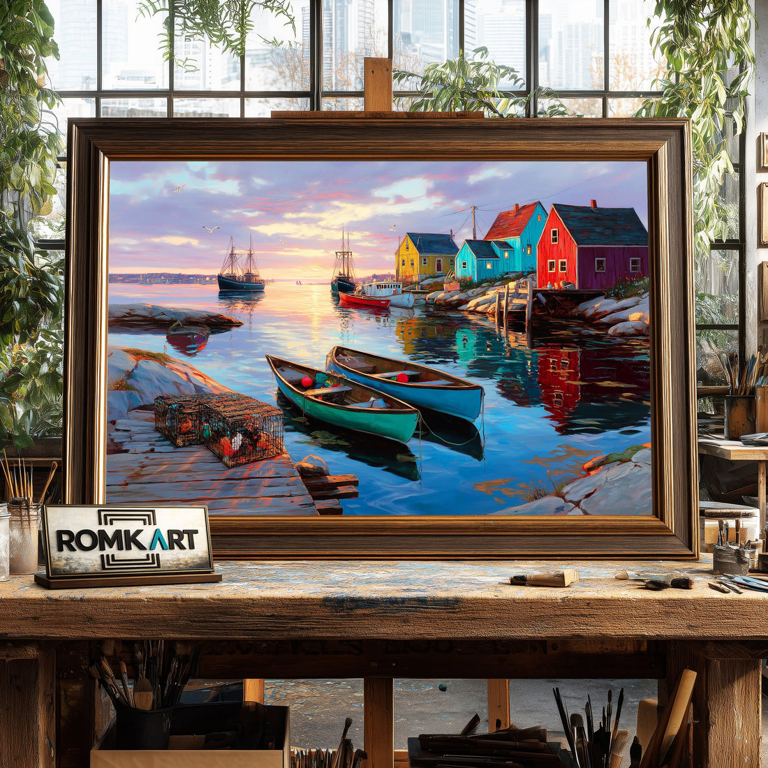 Coastal Fishing Village at Sunset Sports Oil Painting
