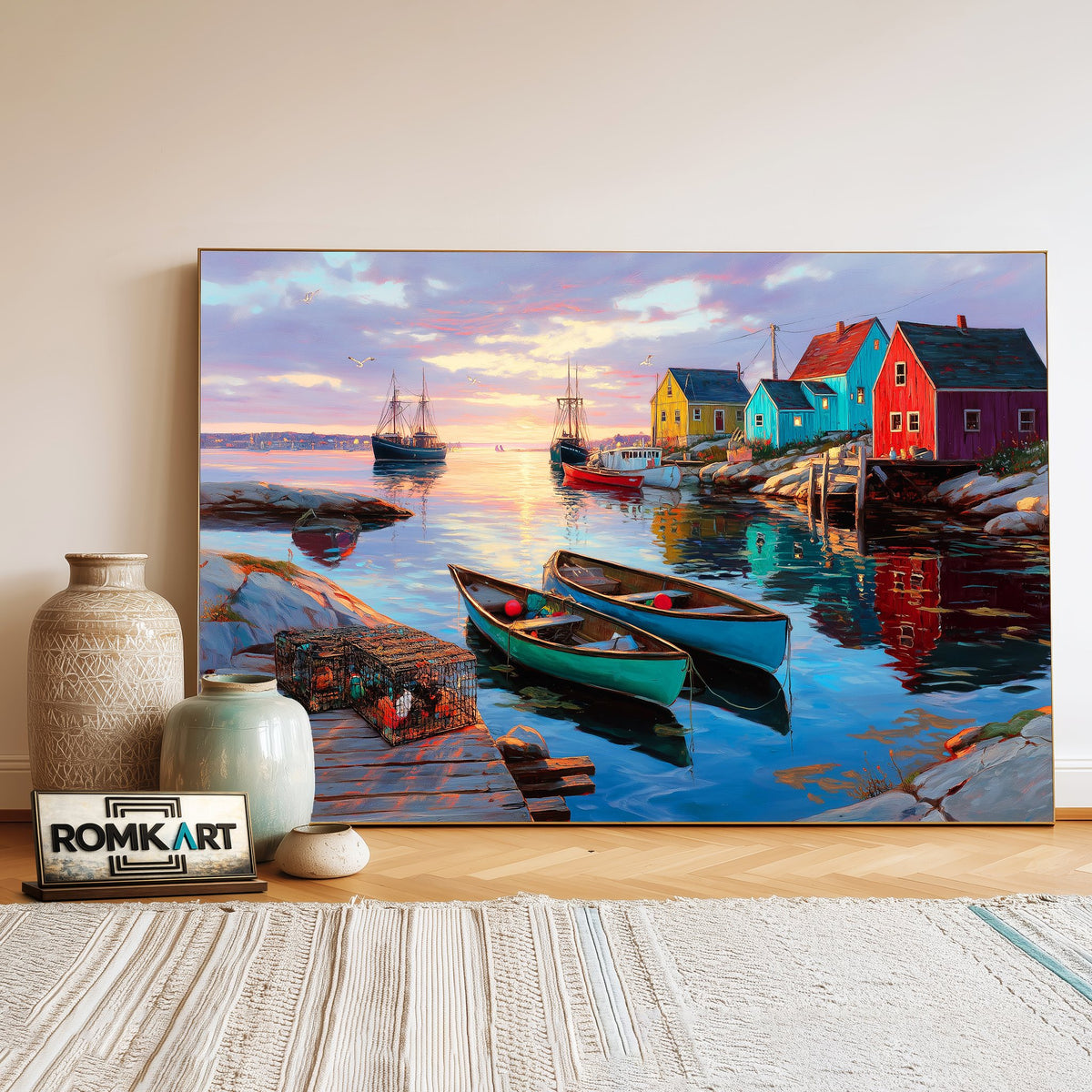 Coastal Fishing Village at Sunset Sports Oil Painting - image 3