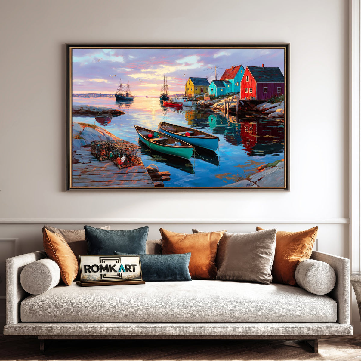 Coastal Fishing Village at Sunset Sports Oil Painting - image 4