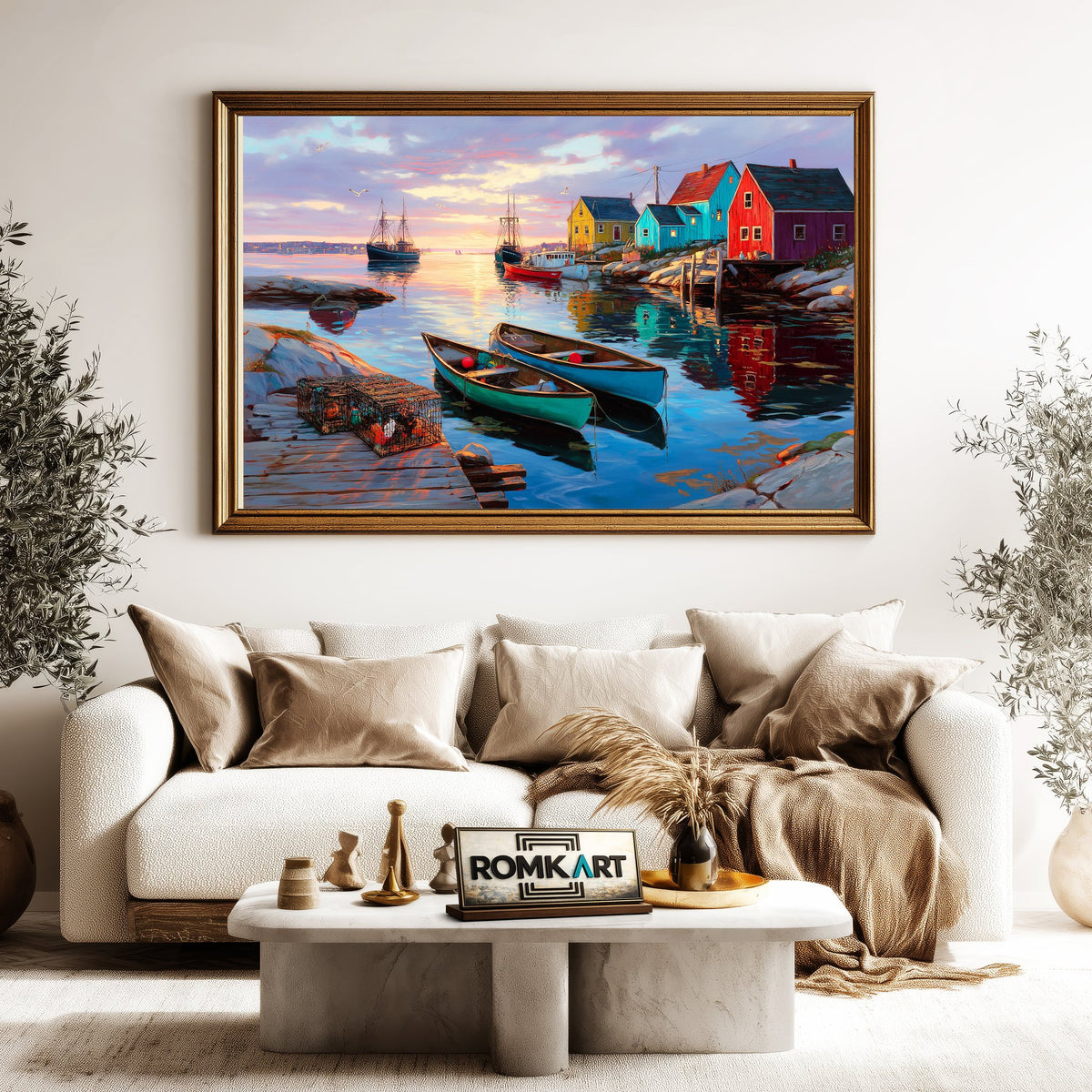 Coastal Fishing Village at Sunset Sports Oil Painting - image 5