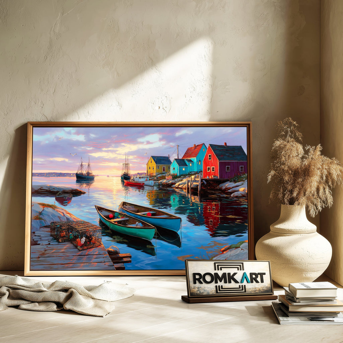 Coastal Fishing Village at Sunset Sports Oil Painting - image 6