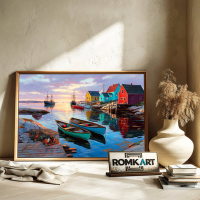 Coastal Fishing Village at Sunset Sports Oil Painting - image 6