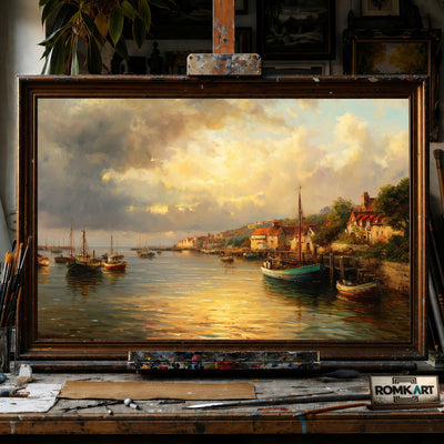 Coastal Harbor - Hand-Painted Oil Painting - View 1