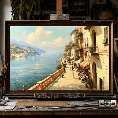 Coastal Terrace Mediterranean hand-painted oil painting on canvas