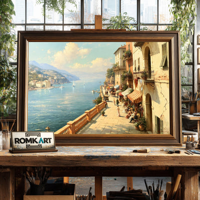 Coastal Terrace Mediterranean Seascape Oil Painting - image 2