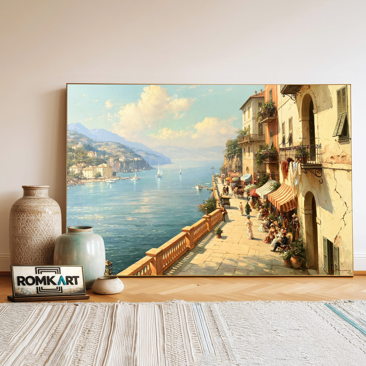 Coastal Terrace Mediterranean Seascape Oil Painting - image 3