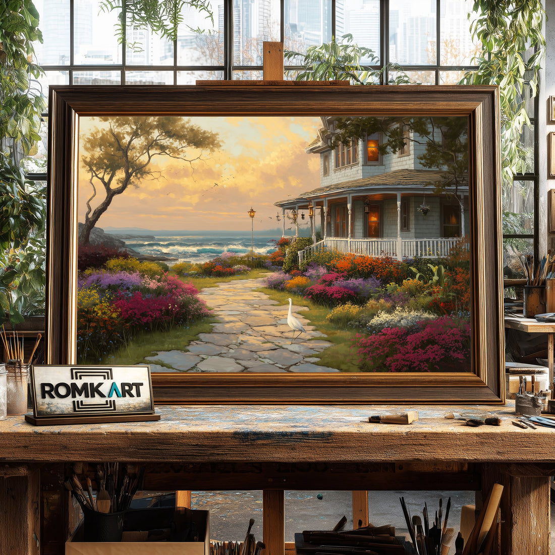 Coastal Villa Seascape Oil Painting