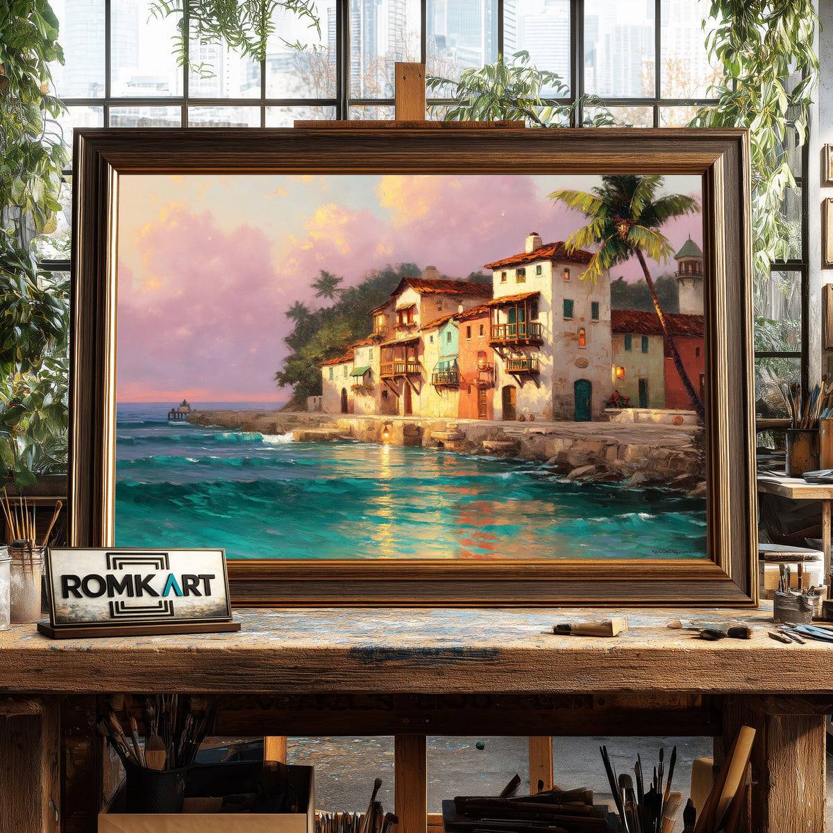 Coastal Village at Sunset Seascape Oil Painting - image 2