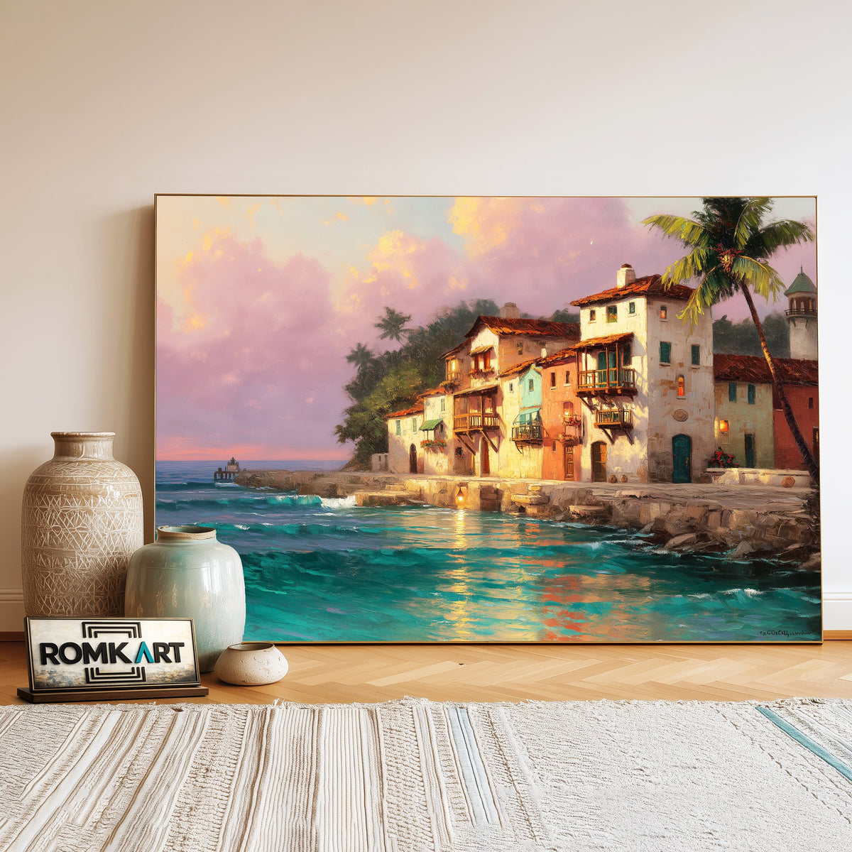 Coastal Village at Sunset Seascape Oil Painting - image 3