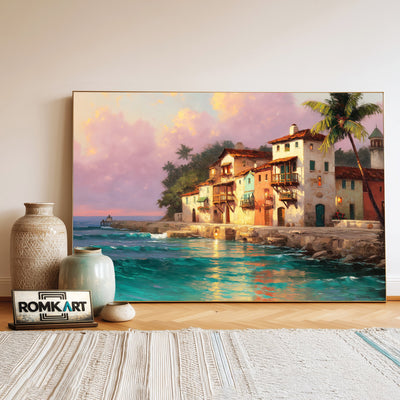 Coastal Village at Sunset Seascape Oil Painting - image 3