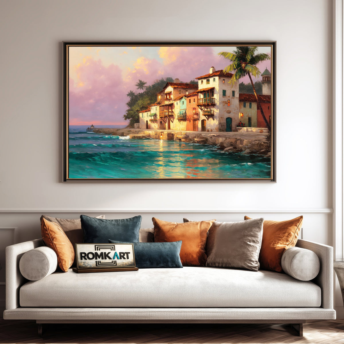 Coastal Village at Sunset Seascape Oil Painting - image 4
