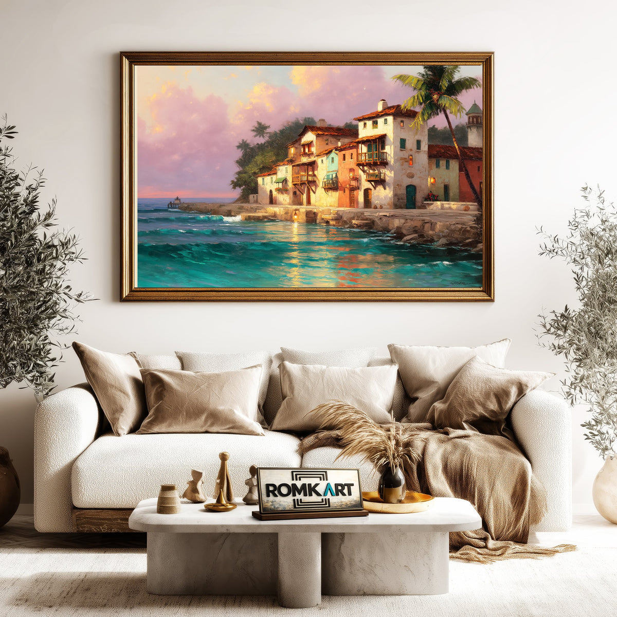 Coastal Village at Sunset Seascape Oil Painting - image 5