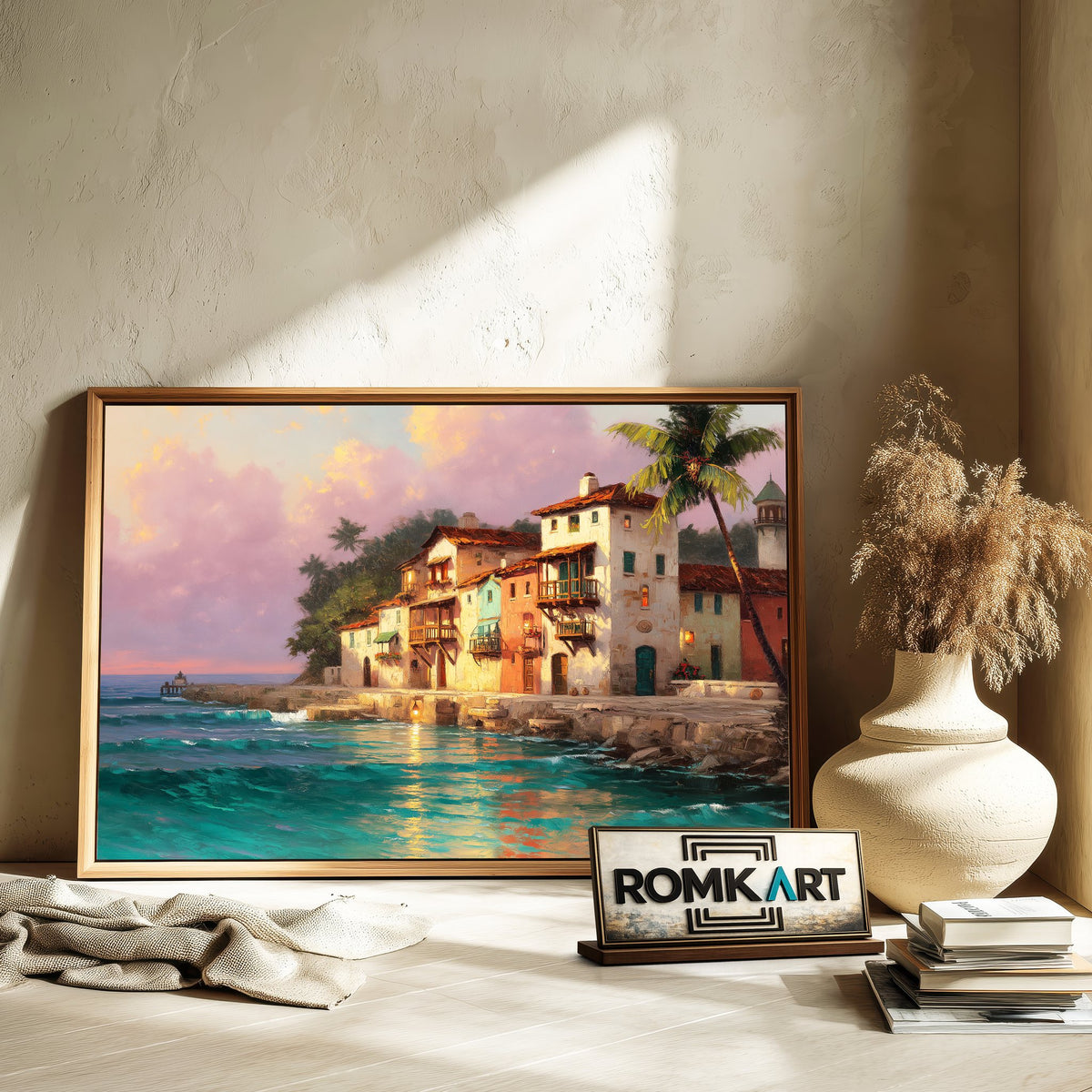 Coastal Village at Sunset Seascape Oil Painting - image 6