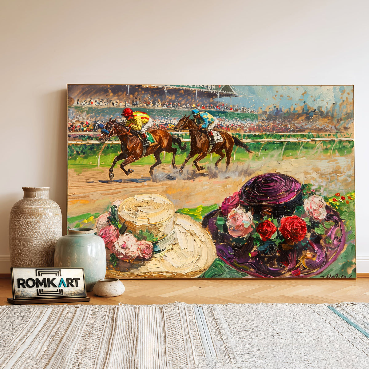 Colorful Horse Racing Equestrian Oil Painting - image 3