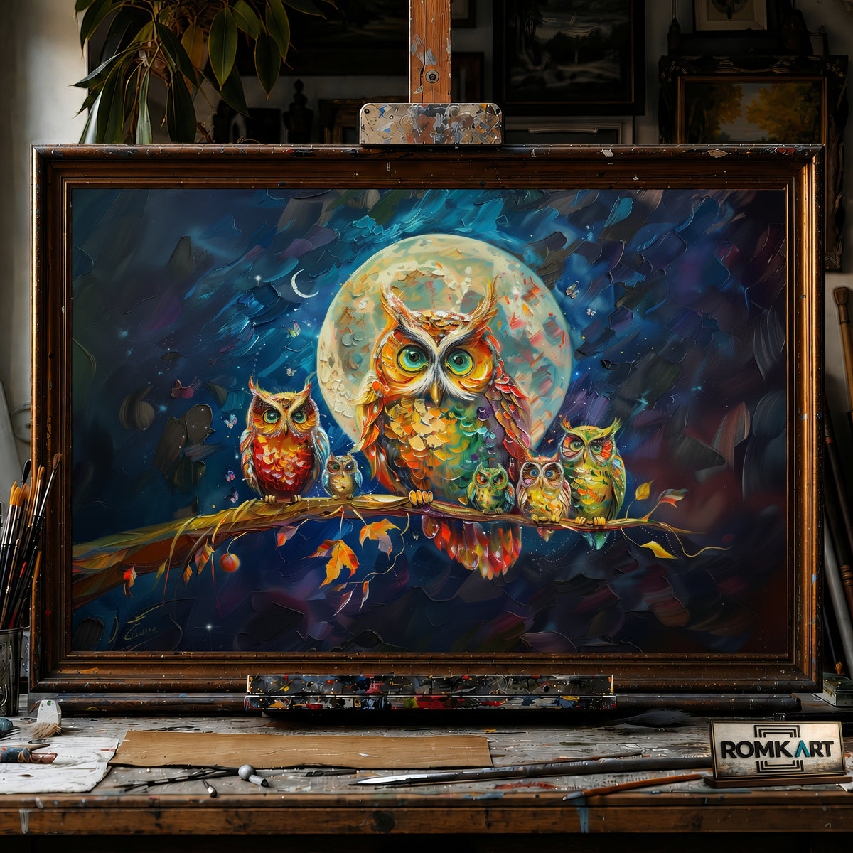 Colorful Owls Family hand-painted oil painting on canvas