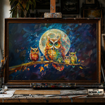 Colorful Owls Family hand-painted oil painting on canvas