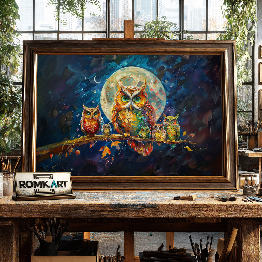 Colorful Owls Family hand-painted oil painting on canvas