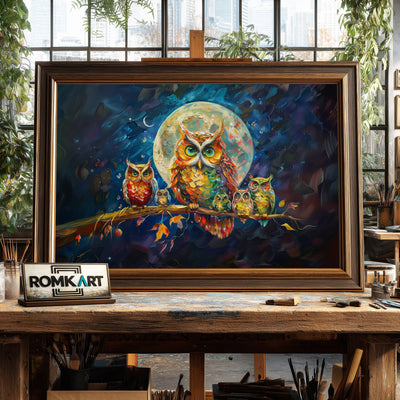 Colorful Owls Family Figurative Oil Painting - image 2
