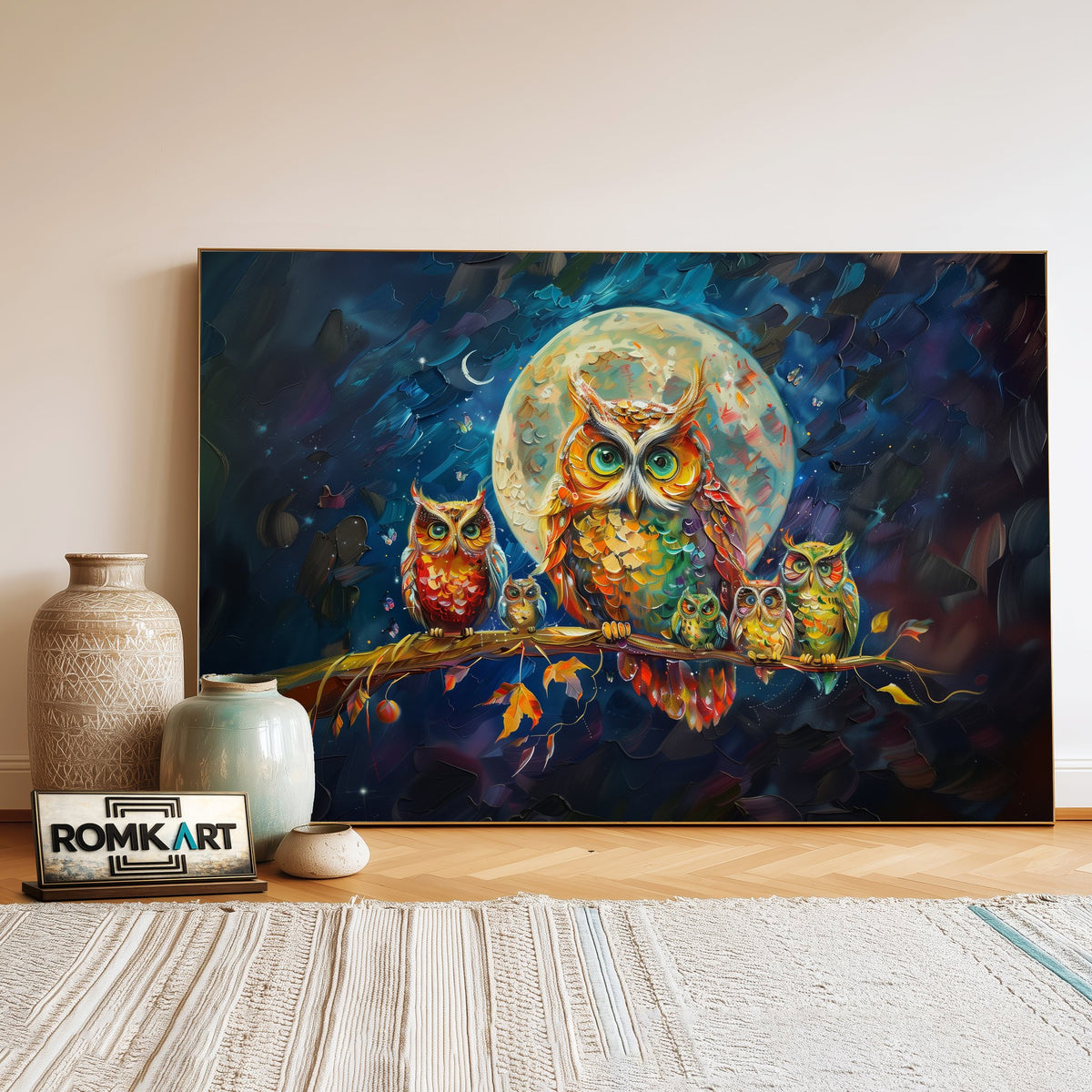 Colorful Owls Family Figurative Oil Painting - image 3