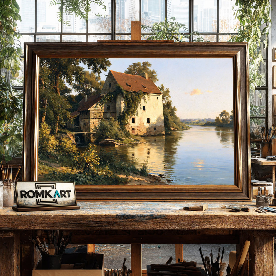 Countryside Water Mill - Hand-Painted Oil Painting - View 1