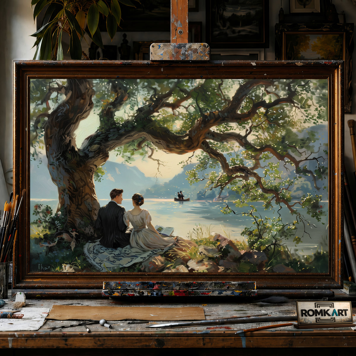 Couple Lakeside hand-painted oil painting on canvas